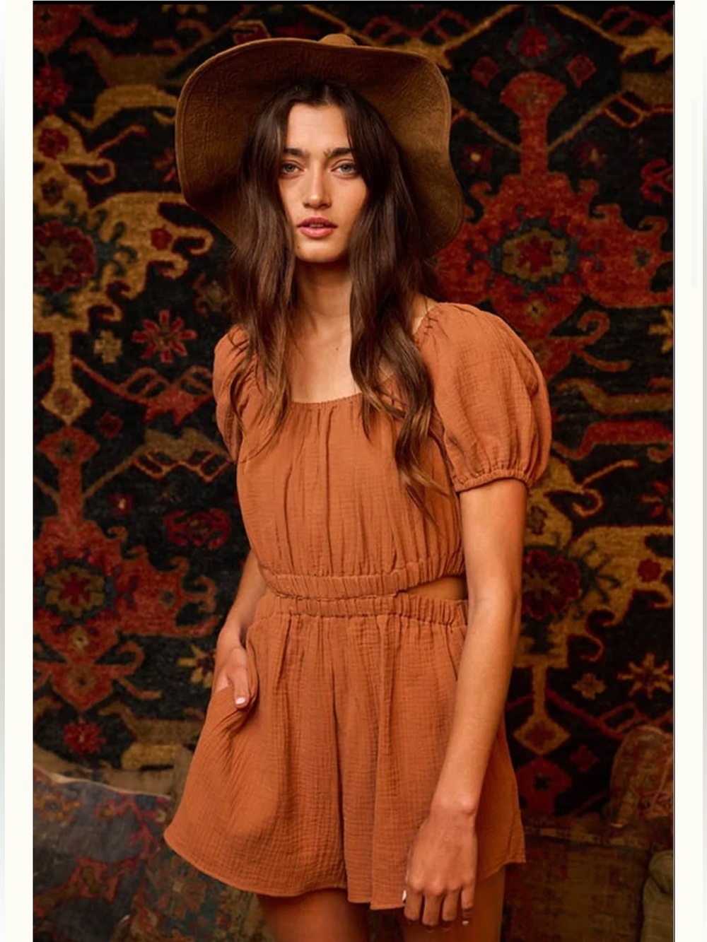 BUCKETLIST Terracotta Puff-Sleeve Romper with Smocked Waist